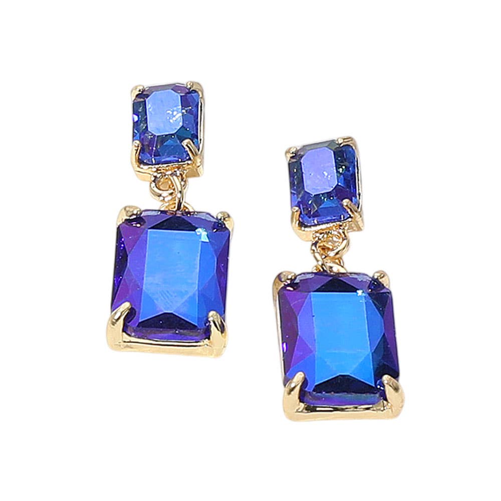 Rectangular Glass Stone Cluster Dangle Evening Earrings