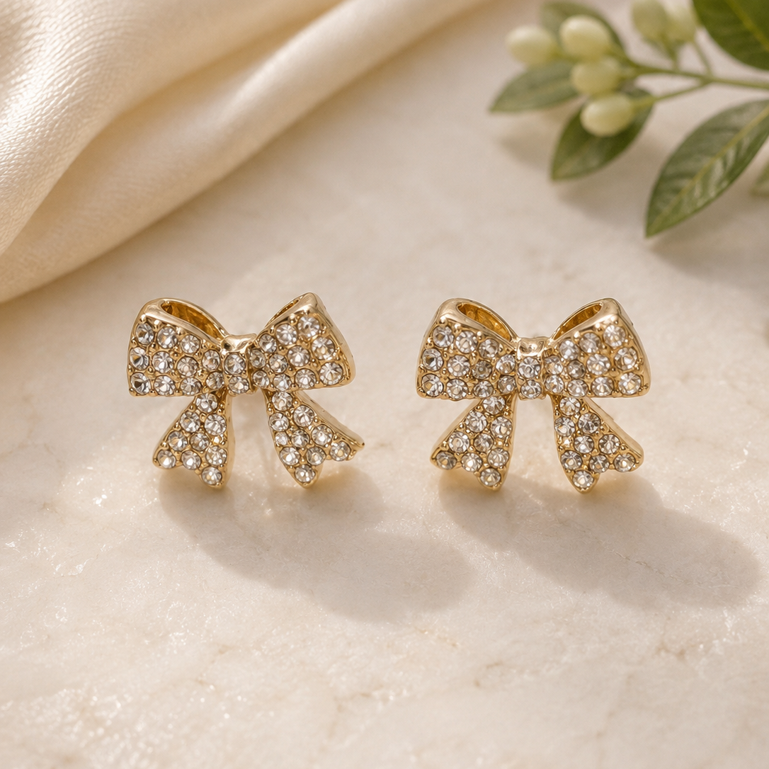 Gold Crystal Bow Stud Earrings