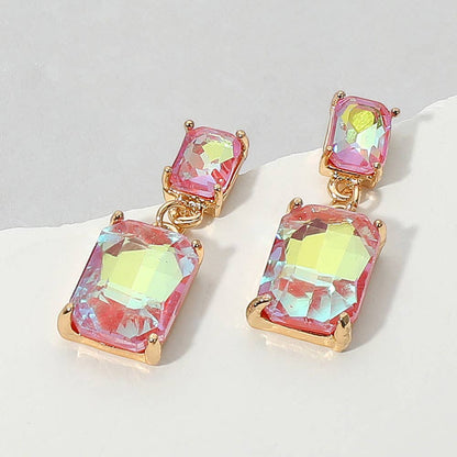 Rectangular Glass Stone Cluster Dangle Evening Earrings