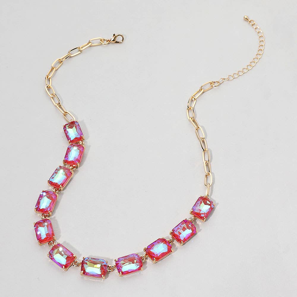 Cushion Rectangular Stone Cluster Link Evening Necklace