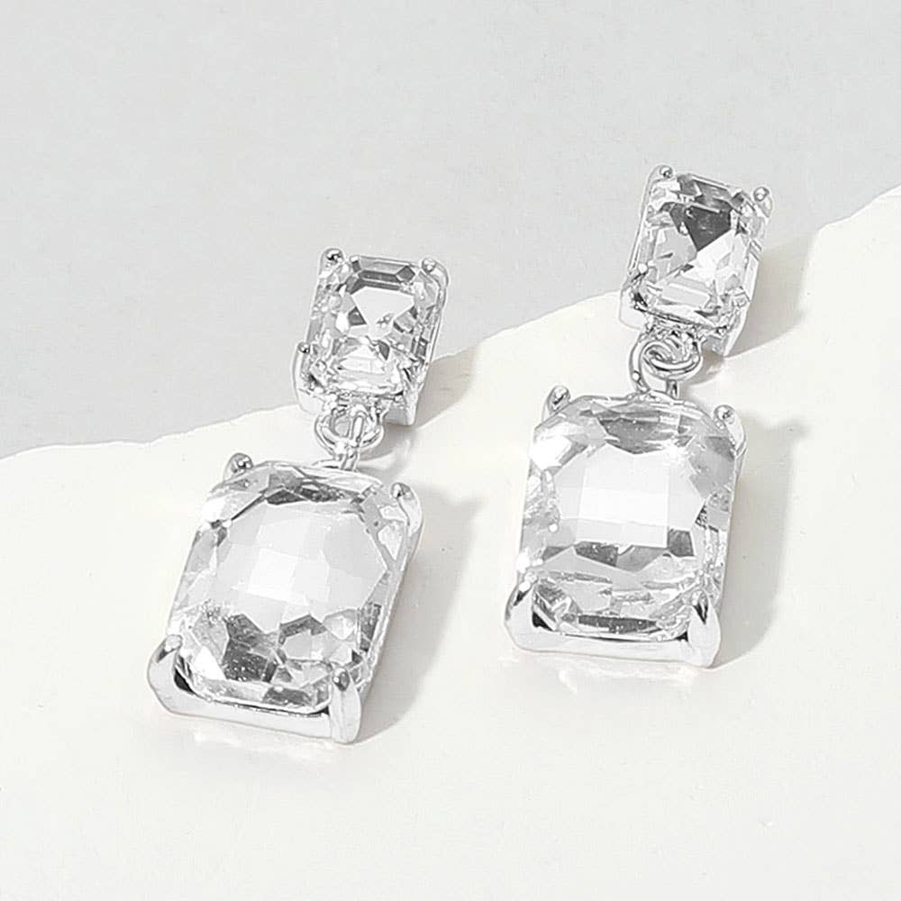 Rectangular Glass Stone Cluster Dangle Evening Earrings
