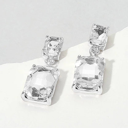 Rectangular Glass Stone Cluster Dangle Evening Earrings