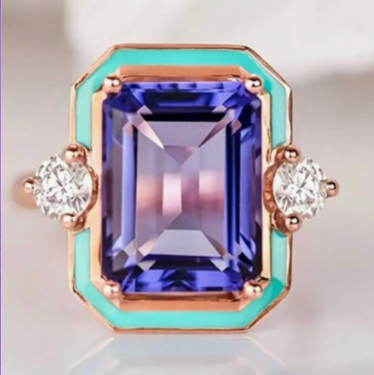 Art Deco Emerald Cut Violet Ring – Gold Plated with Diamond Accents