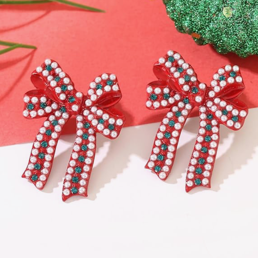 Festive Red Bow Dangle Holiday Drop Earrings