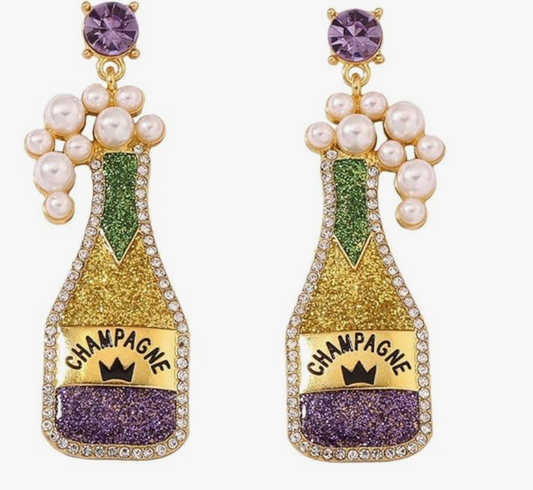 Mardi Gras Beaded Champagne Bottle Earrings w/ pearl accents
