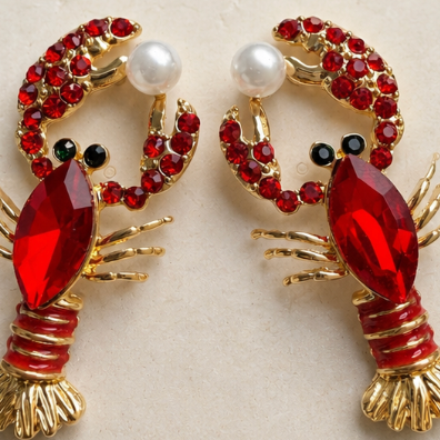 Red Crystal Crawfish Statement Earrings – Gold Tone Louisiana Seafood Boil Earrings