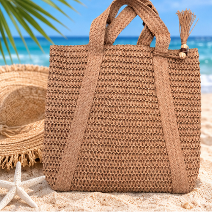 Boho Woven Tote Bag with Tassel – Large Summer Shoulder Bag