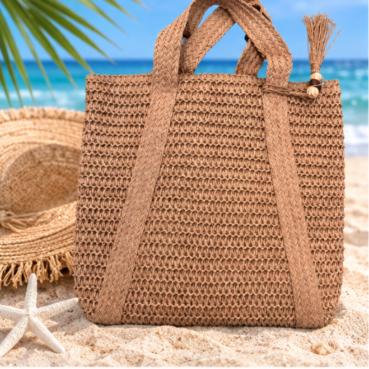 Boho Woven Tote Bag with Tassel – Large Summer Shoulder Bag