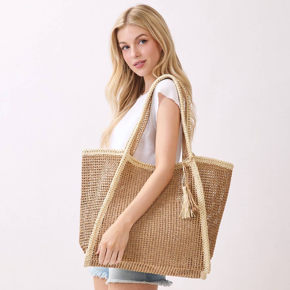 Tassel Accent Two Tone Woven Straw Tote Bag
