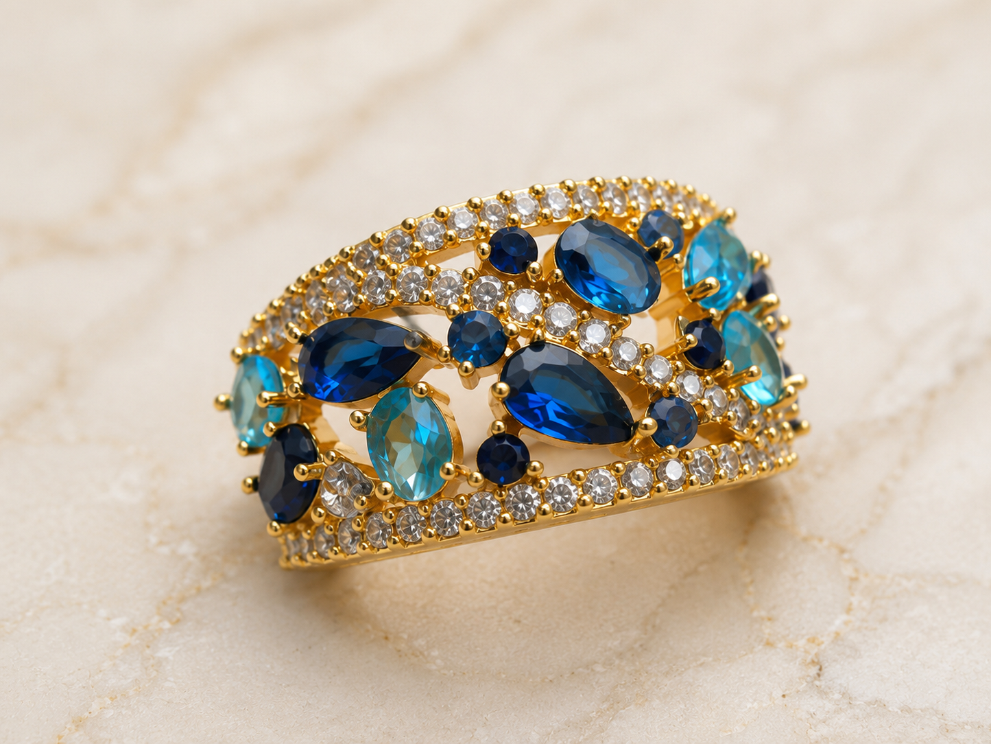 Gold Tone Blue & Aquamarine Crystal Statement Ring