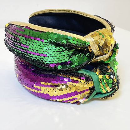 Mardi Gras Color Block Sequined Knotted Wide Headband