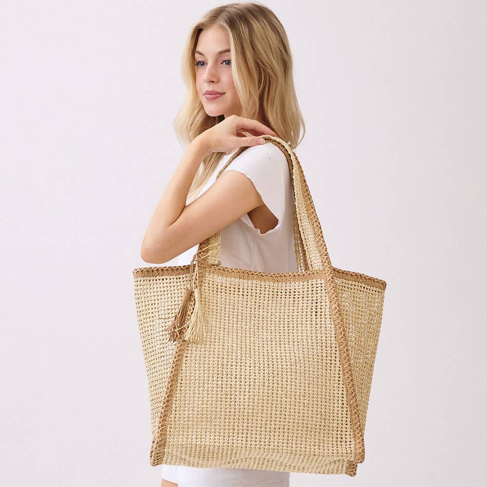 Tassel Accent Two Tone Woven Straw Tote Bag