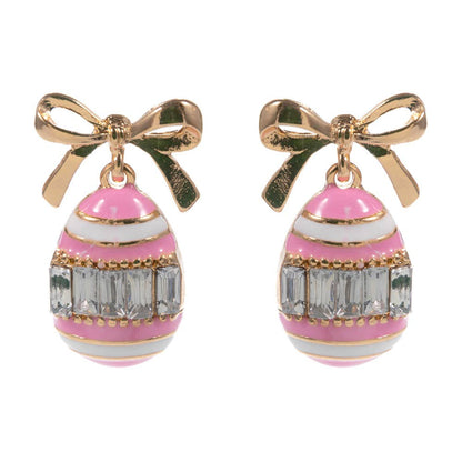Bow Emerald Cut Stone Accent Easter Egg Dangle Earrings