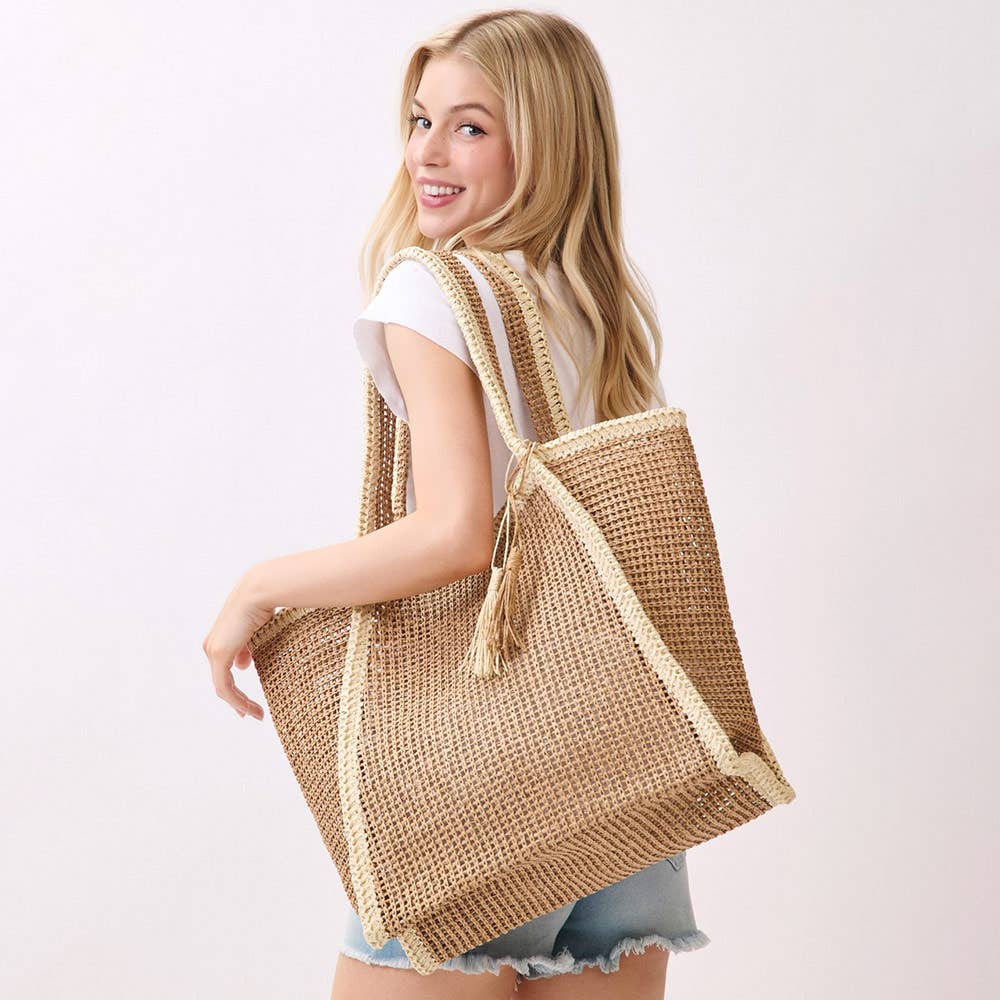 Tassel Accent Two Tone Woven Straw Tote Bag