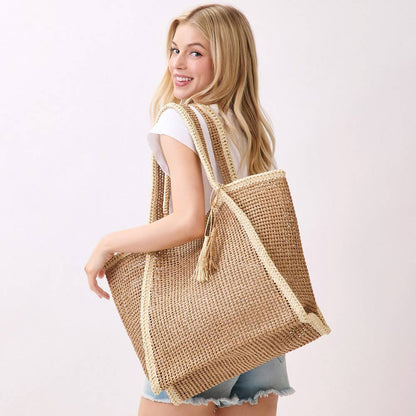 Tassel Accent Two Tone Woven Straw Tote Bag