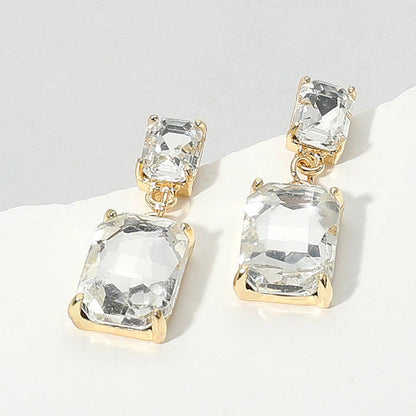 Rectangular Glass Stone Cluster Dangle Evening Earrings