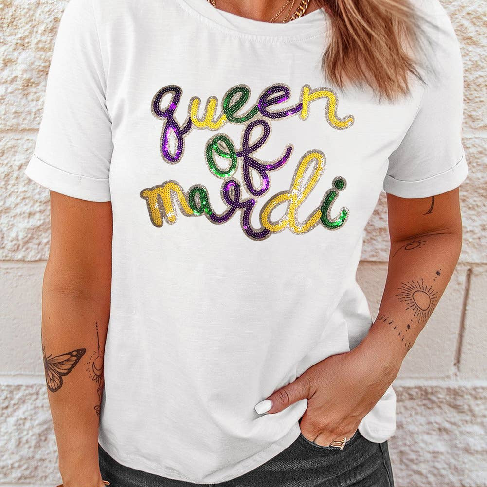 Queen Of Mardi Sequin Letter Graphic T Shirt