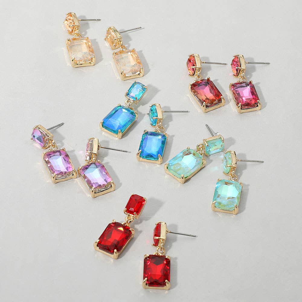 Rectangular Glass Stone Cluster Dangle Evening Earrings