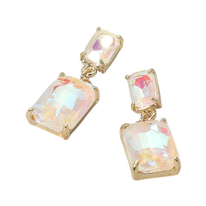 Rectangular Glass Stone Cluster Dangle Evening Earrings