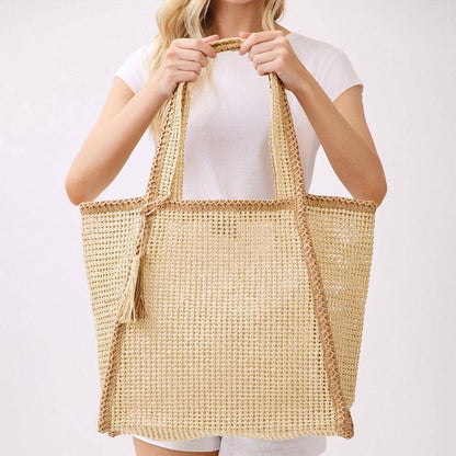 Tassel Accent Two Tone Woven Straw Tote Bag