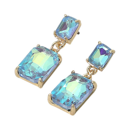 Rectangular Glass Stone Cluster Dangle Evening Earrings