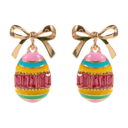 Bow Emerald Cut Stone Accent Easter Egg Dangle Earrings