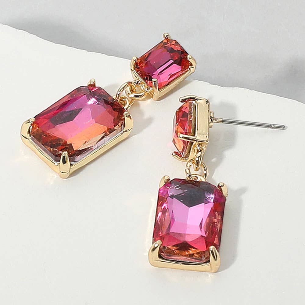 Rectangular Glass Stone Cluster Dangle Evening Earrings