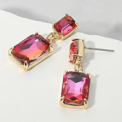 Rectangular Glass Stone Cluster Dangle Evening Earrings