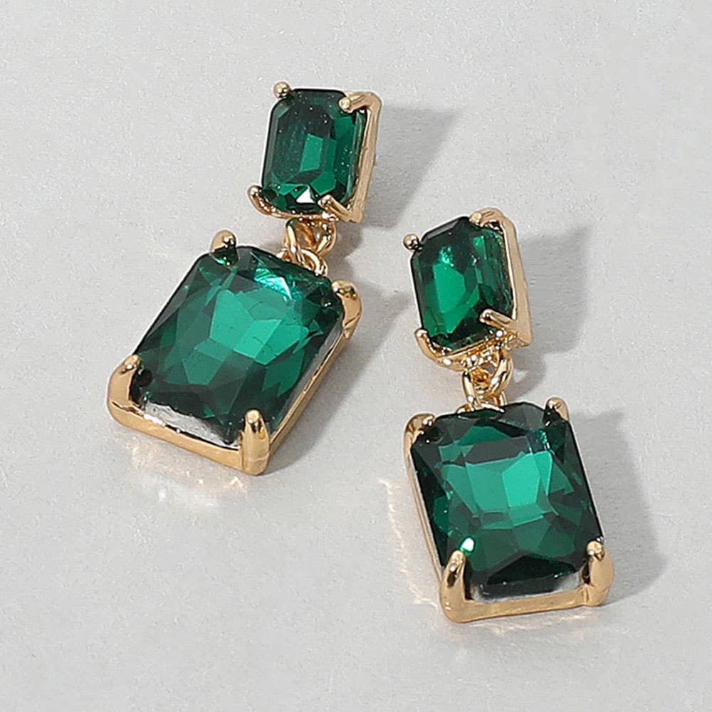 Rectangular Glass Stone Cluster Dangle Evening Earrings