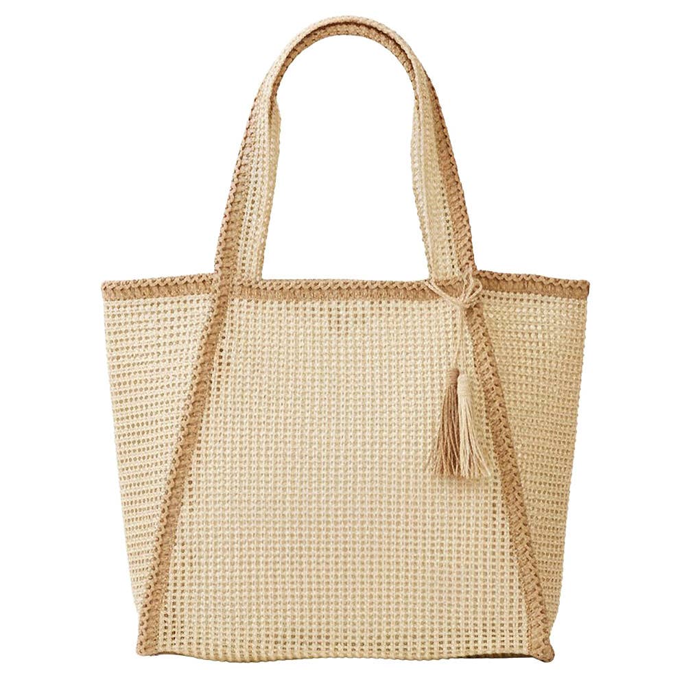 Tassel Accent Two Tone Woven Straw Tote Bag