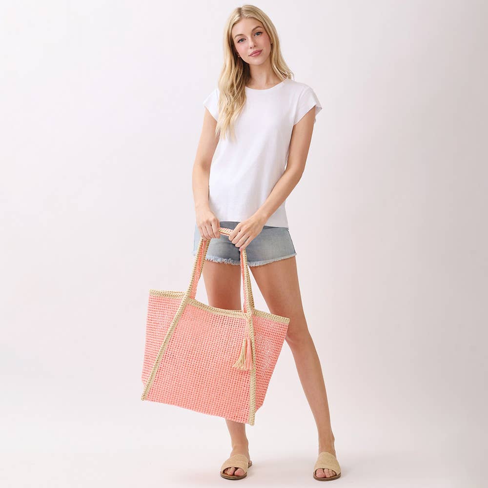 Tassel Accent Two Tone Woven Straw Tote Bag