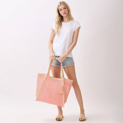 Tassel Accent Two Tone Woven Straw Tote Bag
