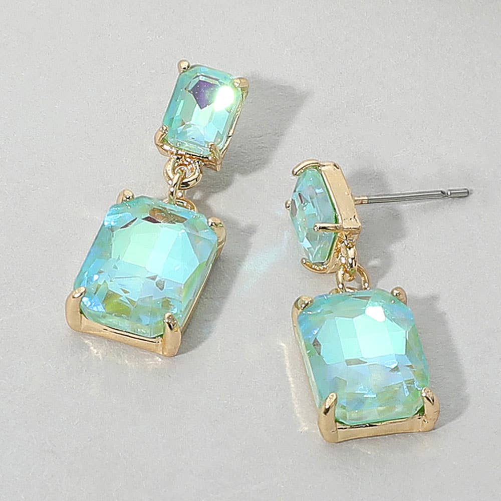 Rectangular Glass Stone Cluster Dangle Evening Earrings