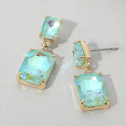 Rectangular Glass Stone Cluster Dangle Evening Earrings