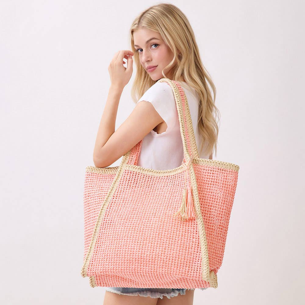 Tassel Accent Two Tone Woven Straw Tote Bag