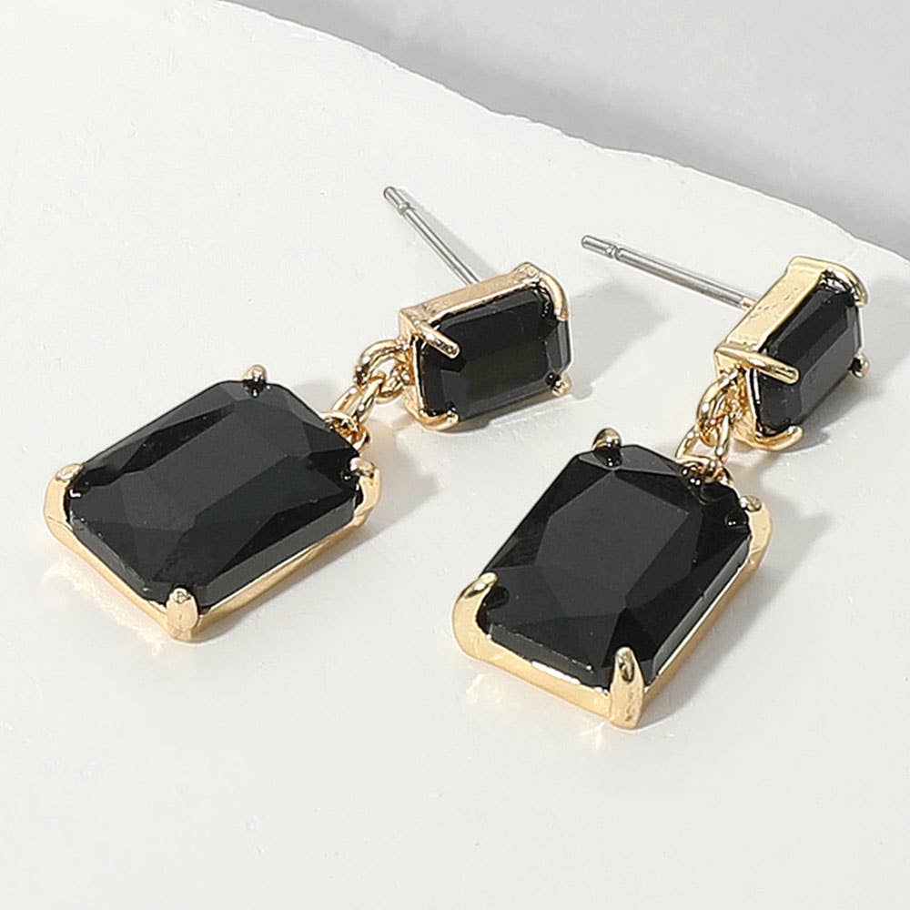 Rectangular Glass Stone Cluster Dangle Evening Earrings