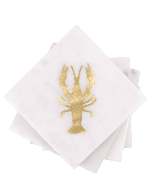 Crawfish Marble Coasters   White/Brass   4x4   Set of 4