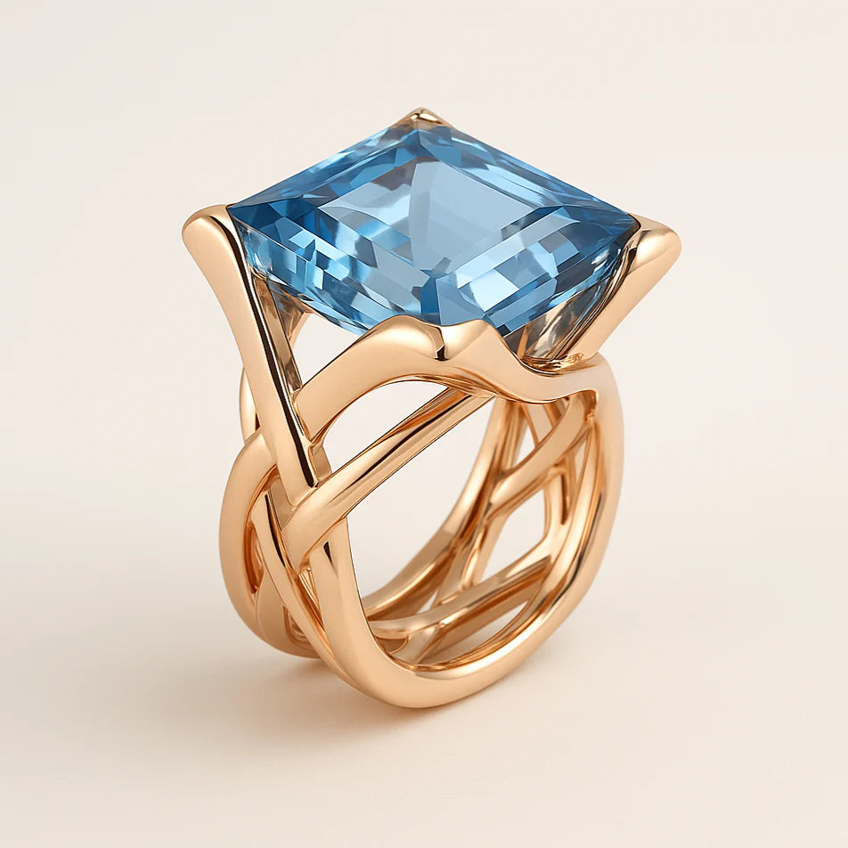 The Ava – Gold Statement Ring with Sky Blue Faceted Gemstone