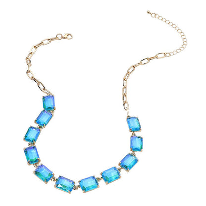 Cushion Rectangular Stone Cluster Link Evening Necklace