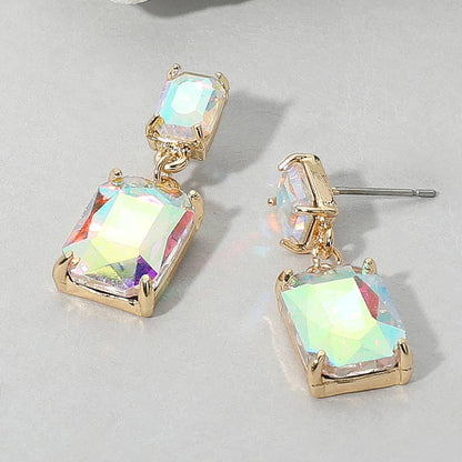 Rectangular Glass Stone Cluster Dangle Evening Earrings