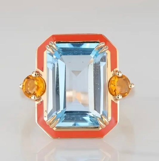 The Capri – Colorblock Art Deco Enamel Ring with Blue & Amber Stones